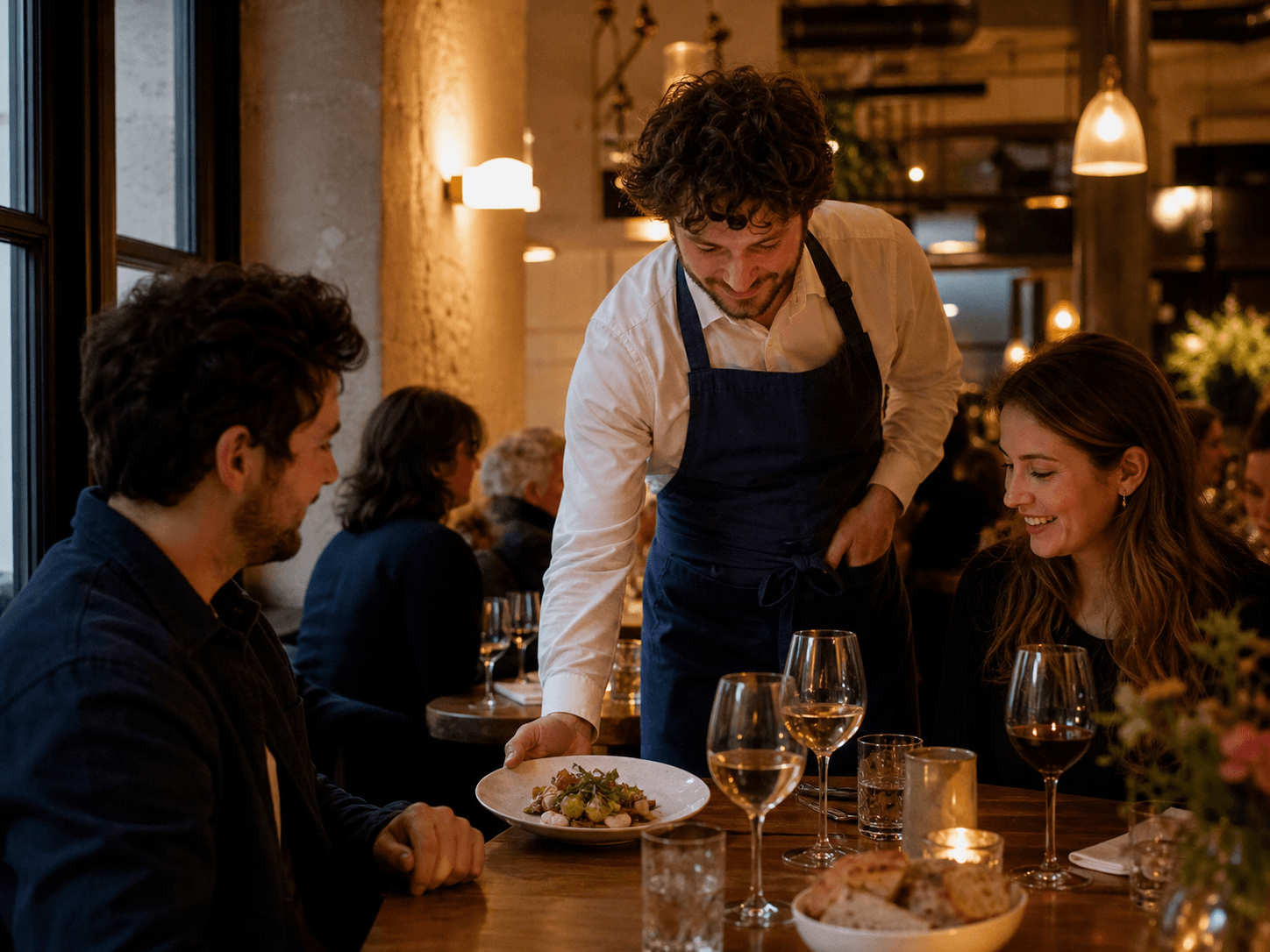 Un serveur apporte un plat à une table de restaurant