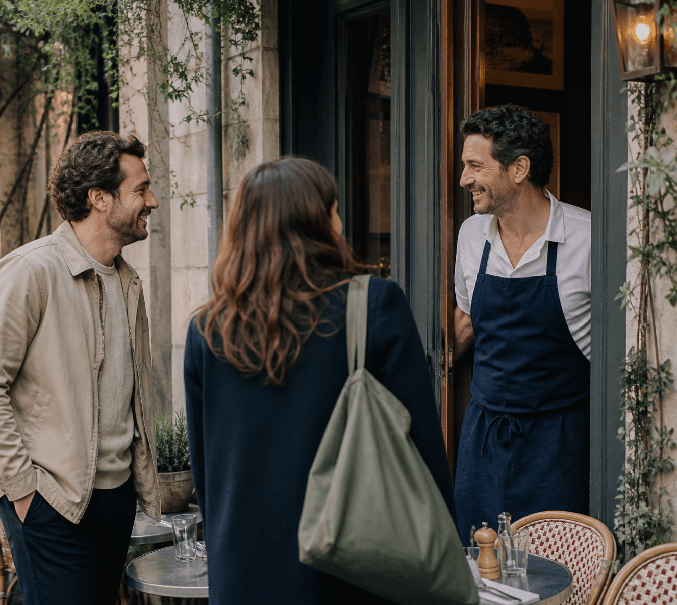 Un restaurateur accueille deux convives à la porte de son bistrot