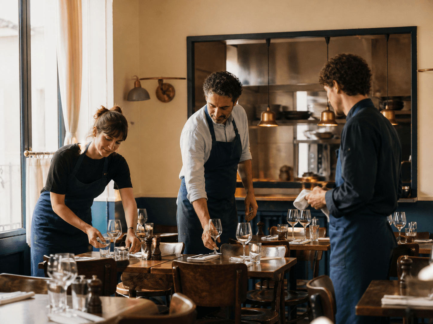Une équipe de restaurant prépare la salle avant le service